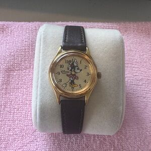 Disney Vintage Minnie Mouse Time Works Woman’s Gold Watch with New Battery